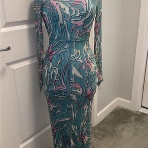 Fashion Nova Teal and Pink Swirl Long Sleeve Dress-Only worn once.